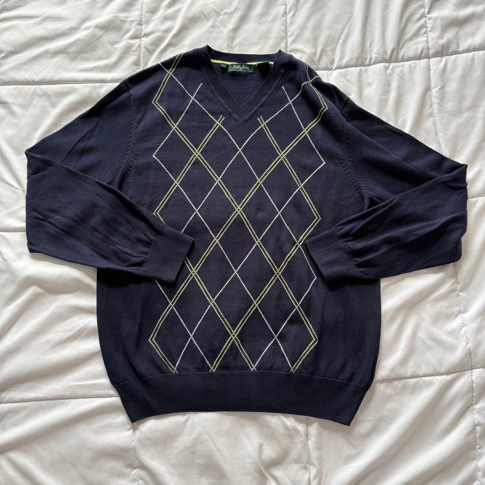 Bobby Jones Mens Navy Blue Argyle V-Neck 100% Pima Cotton Small Golf Sweater